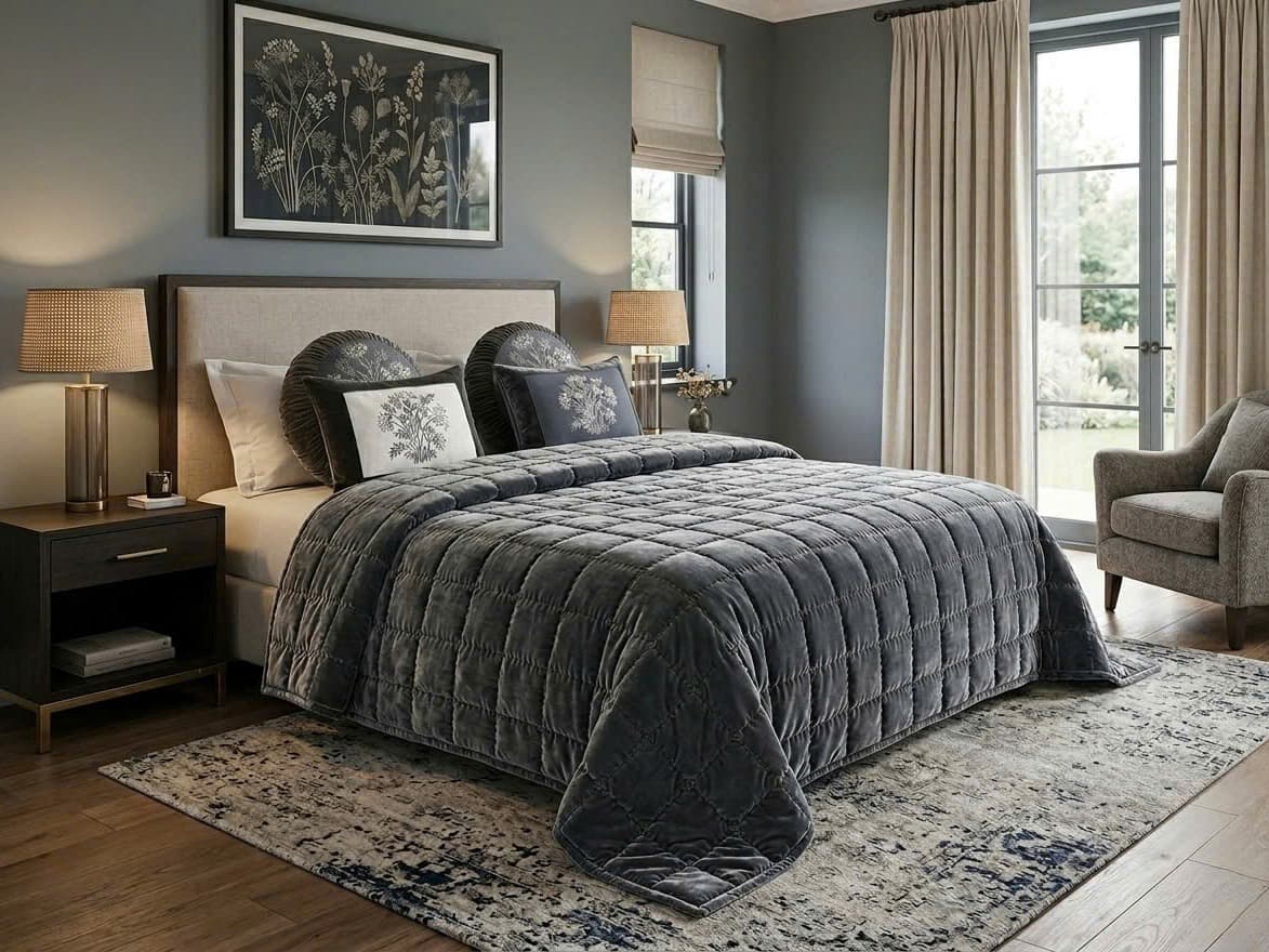 Velvet bed cover- tông xanh ghi